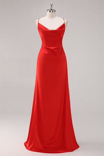 Red Satin Spaghetti Straps Sheath Formal Dress